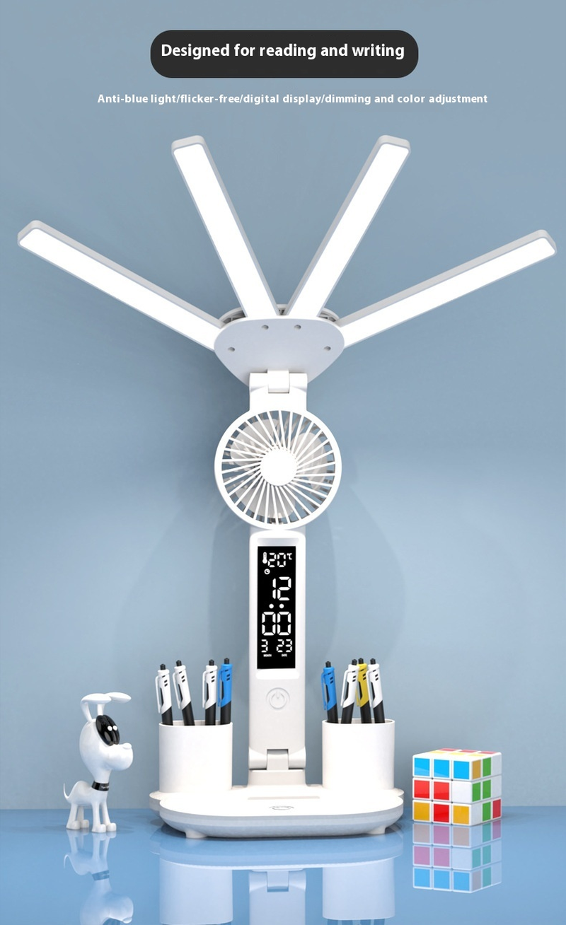 Lampe Bureau LED 3-en-1 — Ventilateur, Horloge & Calendrier | USB Rechargeable | 3 Couleurs