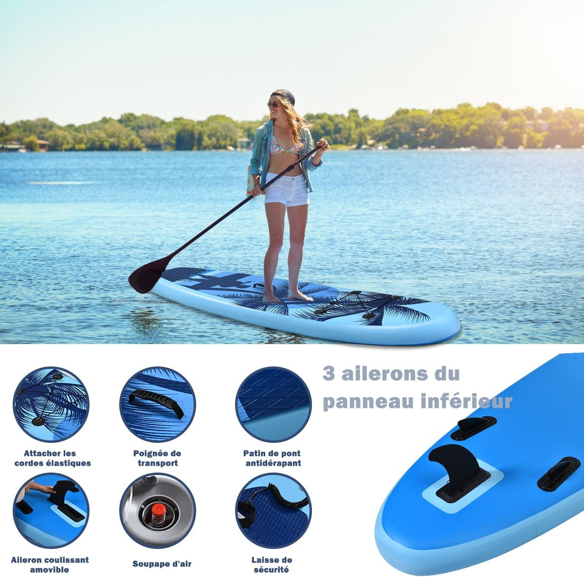 Paddle Stand up Gonflable En PVC Avec Sac De Transport Pagaie Réglable Accessoires 3 Tailles Au Choix Bleu Clair