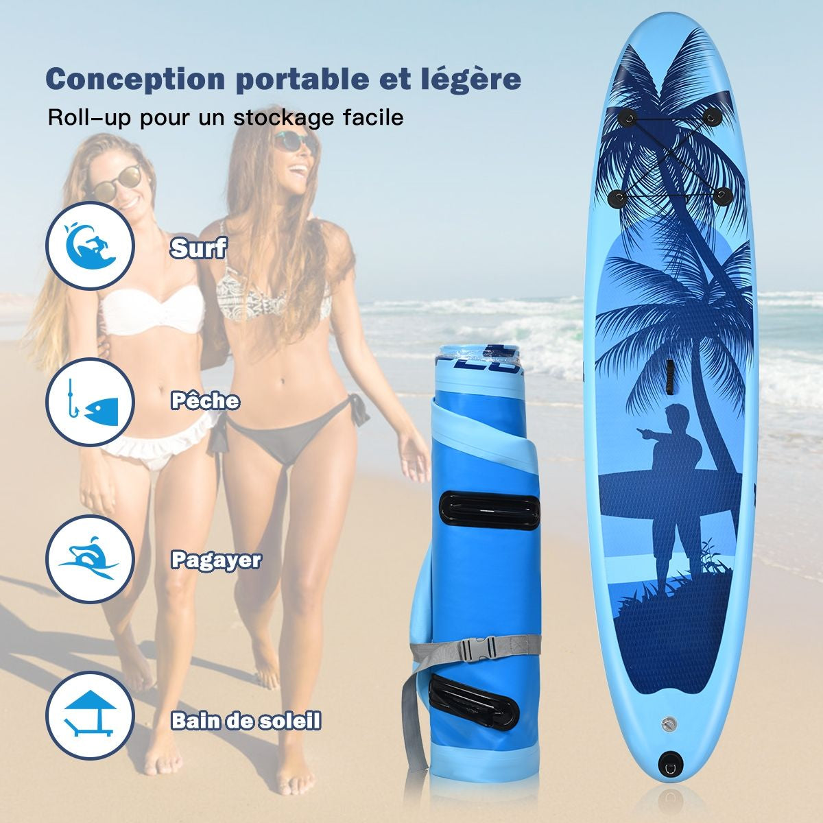 Paddle Stand up Gonflable En PVC Avec Sac De Transport Pagaie Réglable Accessoires 3 Tailles Au Choix Bleu Clair