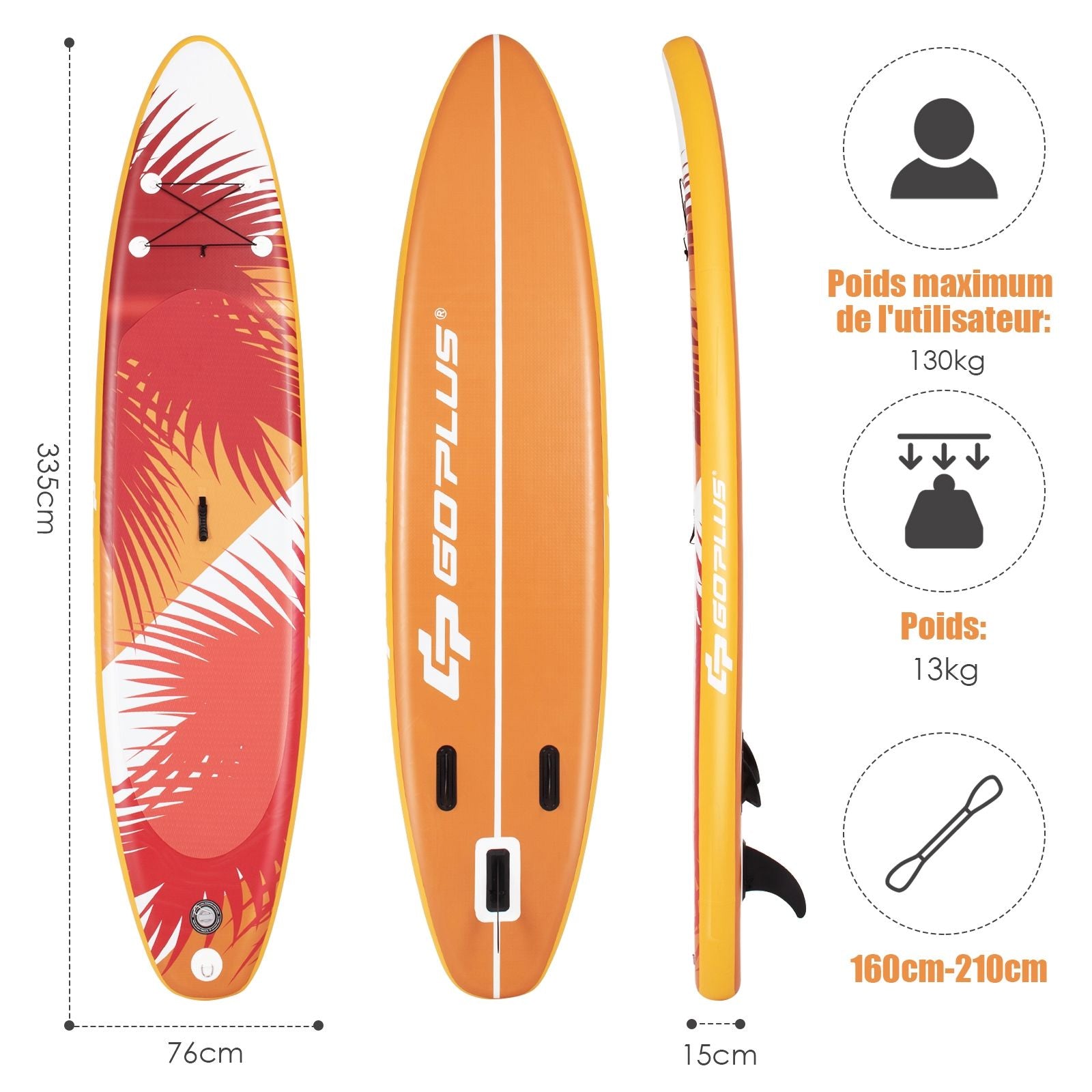 Paddle Gonflable 320X76X15Cm/335X76X15Cm En PVC Avec Pagaie Alliage Aluminium Réglable Aileron Amovible Pompe Manuel 130KG MAX Orange