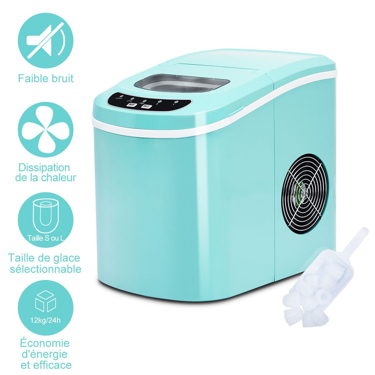 Machine À Glaçons Portable 12KG/24H 9 Glaçons Par 6-13 Min Avec Réservoir 2,2 L Et Bac À Glace De 0,7 Kg Bleu/Vert