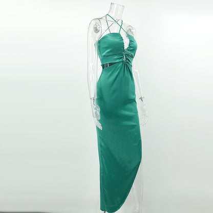 Halter Satin Mini Dress — Elegant Asymmetric Bodycon Dress for Women
