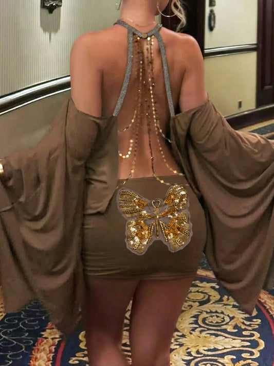 Butterfly Chain Backless Sexy Dress Batwing Sleeves Spring Summer Grunge Party Y2K Vintage Bodycon Short Sundress Women