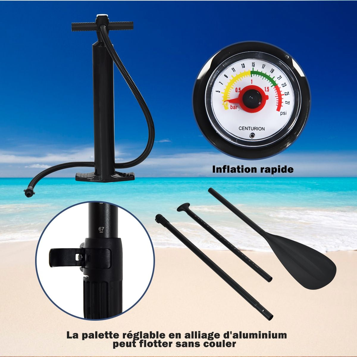 Paddle Stand up Gonflable En PVC Avec Sac De Transport Pagaie Réglable Accessoires 3 Tailles Au Choix Bleu Clair