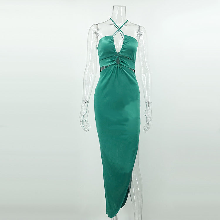 Halter Satin Mini Dress — Elegant Asymmetric Bodycon Dress for Women