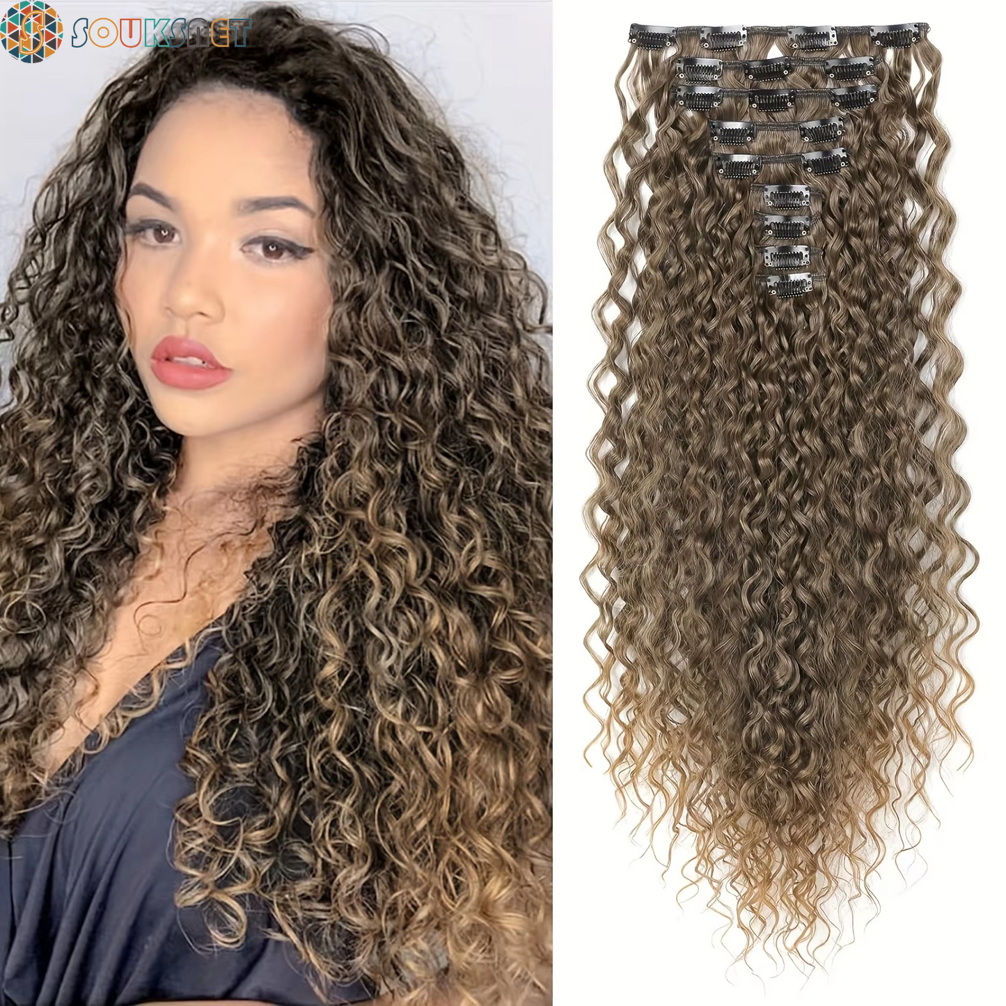 Extensions Cheveux À Clipser Bouclées 9 Pièces — 22 Pouces | Synthétique Doux | Femmes