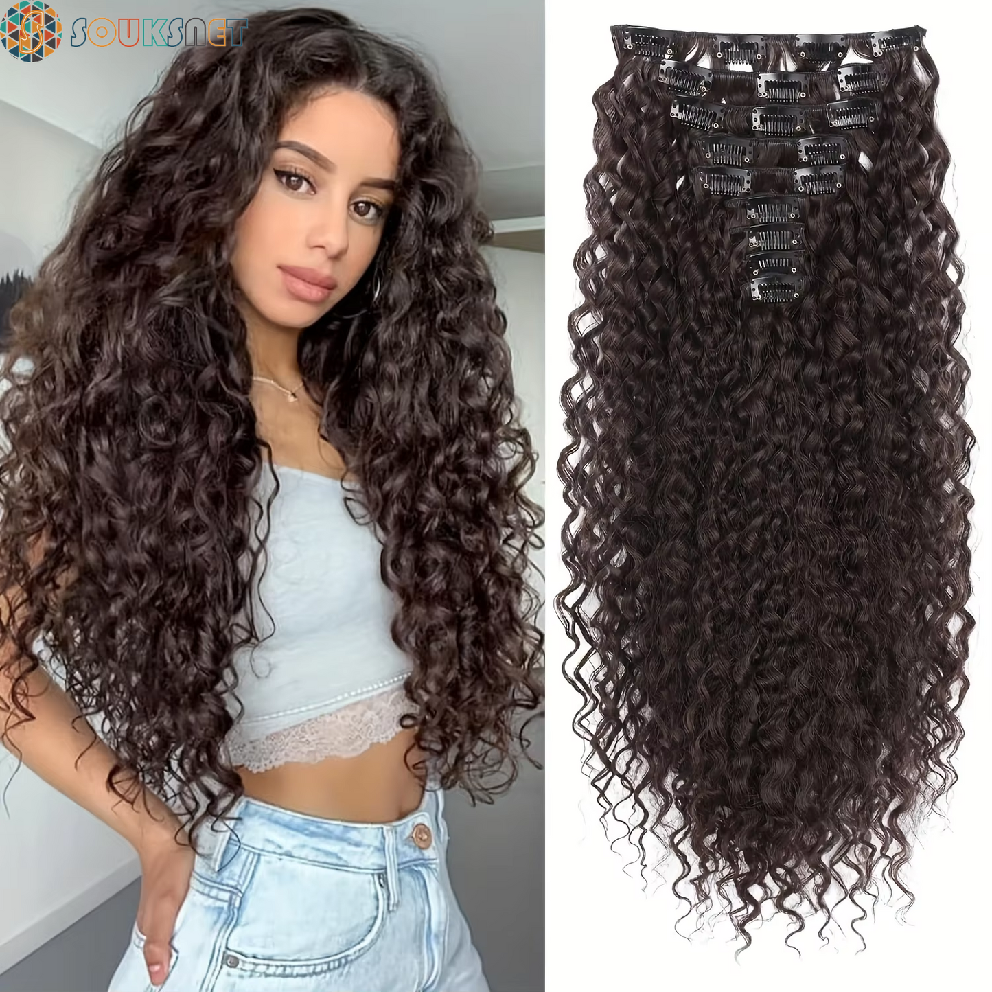 Extensions Cheveux À Clipser Bouclées 9 Pièces — 22 Pouces | Synthétique Doux | Femmes