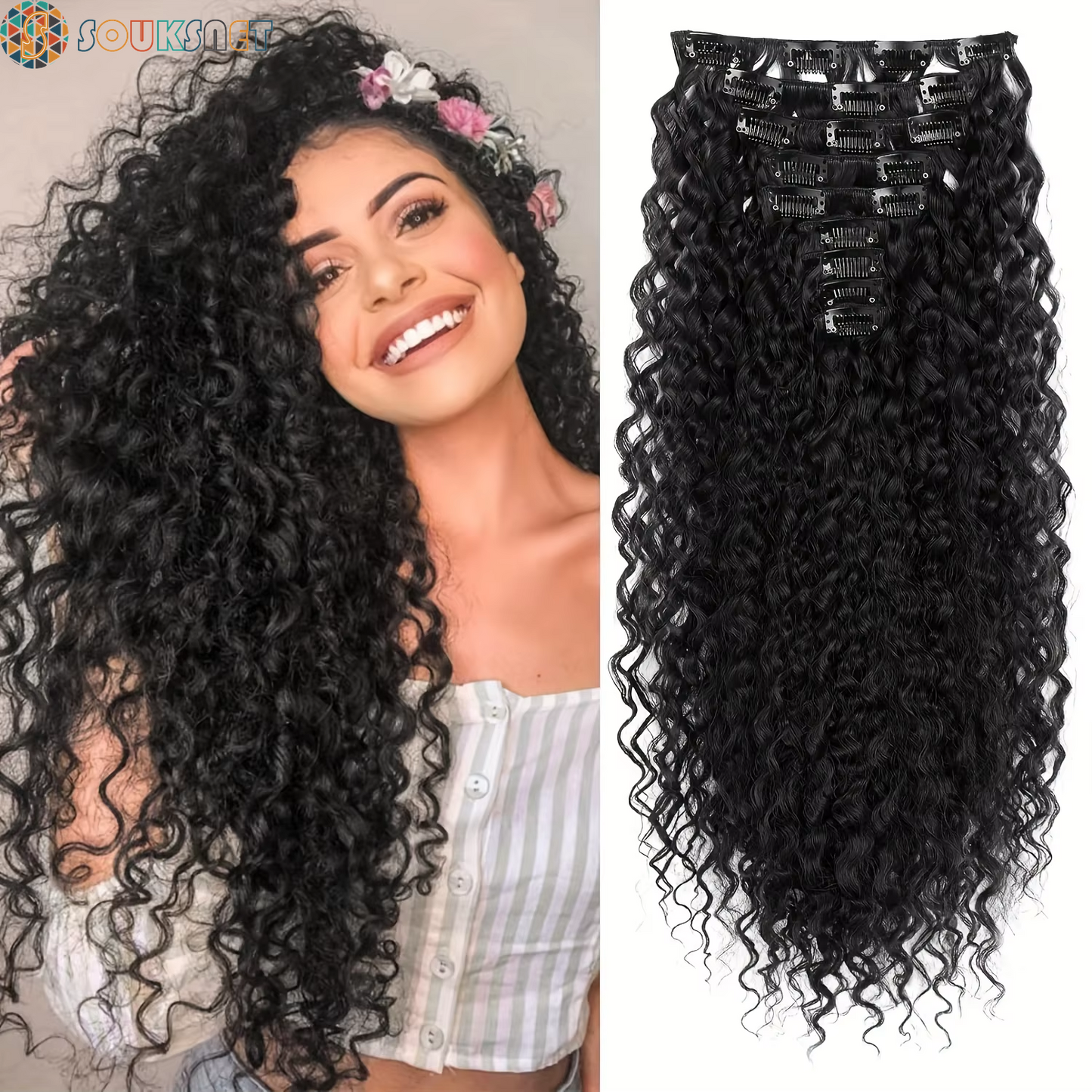 Extensions Cheveux À Clipser Bouclées 9 Pièces — 22 Pouces | Synthétique Doux | Femmes
