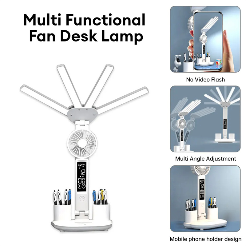 Lampe Bureau LED 3-en-1 — Ventilateur, Horloge & Calendrier | USB Rechargeable | 3 Couleurs
