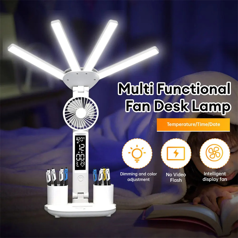 Lampe Bureau LED 3-en-1 — Ventilateur, Horloge & Calendrier | USB Rechargeable | 3 Couleurs