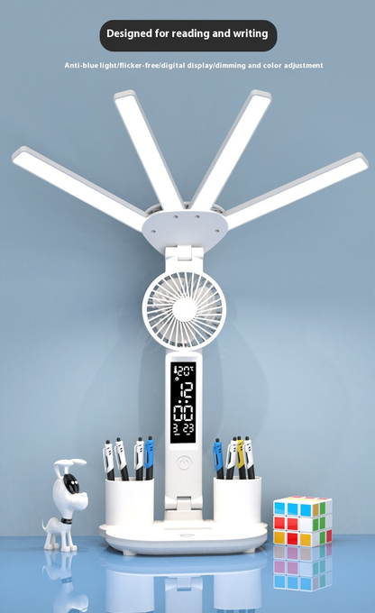 Lampe Bureau LED 3-en-1 — Ventilateur, Horloge & Calendrier | USB Rechargeable | 3 Couleurs