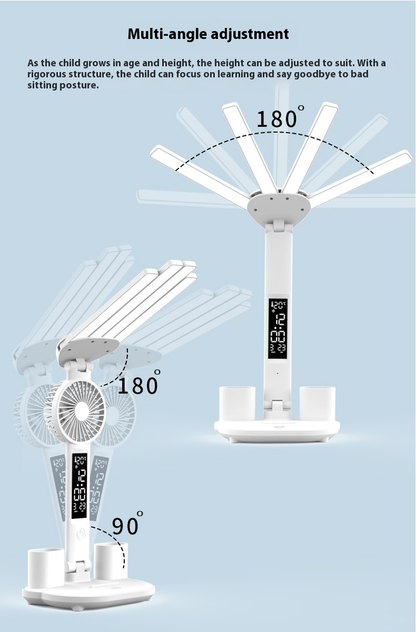 Lampe Bureau LED 3-en-1 — Ventilateur, Horloge & Calendrier | USB Rechargeable | 3 Couleurs