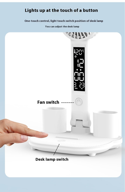 Lampe Bureau LED 3-en-1 — Ventilateur, Horloge & Calendrier | USB Rechargeable | 3 Couleurs