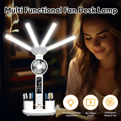 Lampe Bureau LED 3-en-1 — Ventilateur, Horloge & Calendrier | USB Rechargeable | 3 Couleurs