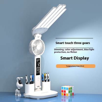Lampe Bureau LED 3-en-1 — Ventilateur, Horloge & Calendrier | USB Rechargeable | 3 Couleurs