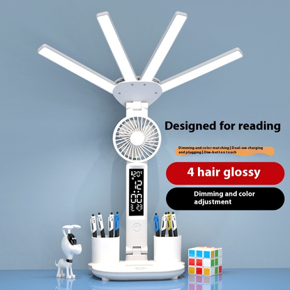 Lampe Bureau LED 3-en-1 — Ventilateur, Horloge & Calendrier | USB Rechargeable | 3 Couleurs