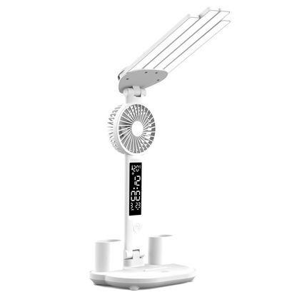 Lampe Bureau LED 3-en-1 — Ventilateur, Horloge & Calendrier | USB Rechargeable | 3 Couleurs