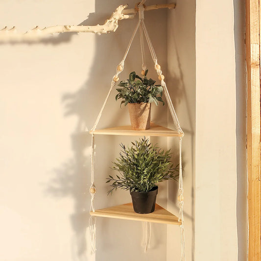 1/2/3-Tier Wooden Triangle Wall Shelf Wood Beads Macrame Leaf Floating Shelves Nordic Hanging Display Shelf Boho HomeDecorations