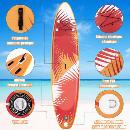 Paddle Gonflable 320X76X15Cm/335X76X15Cm En PVC Avec Pagaie Alliage Aluminium Réglable Aileron Amovible Pompe Manuel 130KG MAX Orange