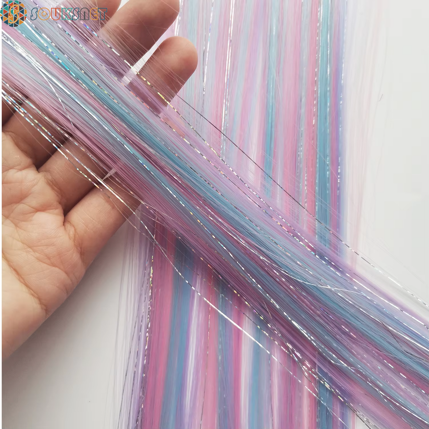 Sky Blue Hair Clip in Colored Extension Mixed Silver Tinsels Synthetic Rainbow Hairpiece Holiday Party Highlights for Women Girl