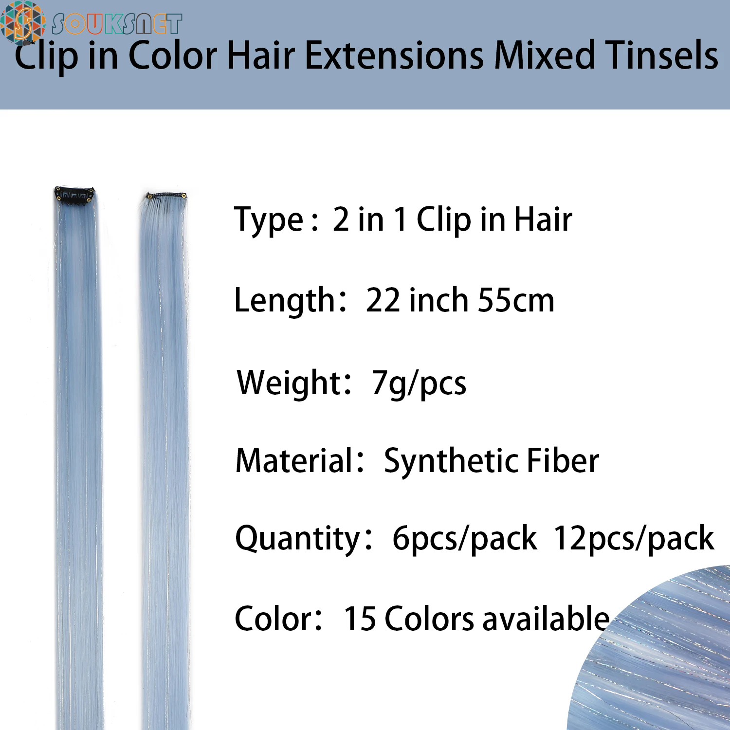 Clip in Colored Hair Extensions Mixed Silver Tinsels Synthetic Rainbow Hairpiece Holiday Party Highlights for Women Girls