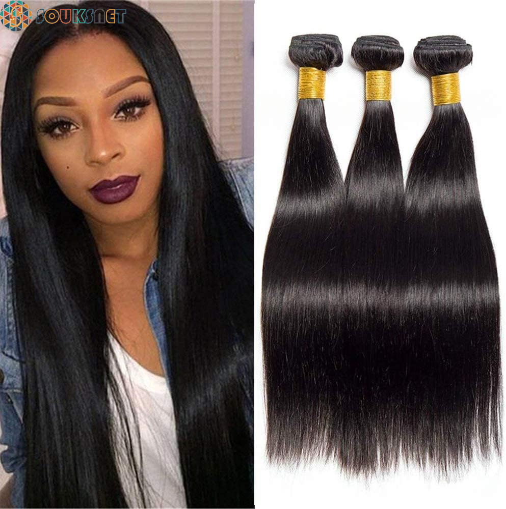 Bresilian Weaving in Lots Human Hair Virgin Closure Weaving Smooth Extensiones De Cabello Hair Extensions 100% Natural Human Hair Straight Hair Strands Natural Black (16 Inch/40 Cm, 4X4 Lace Closure)