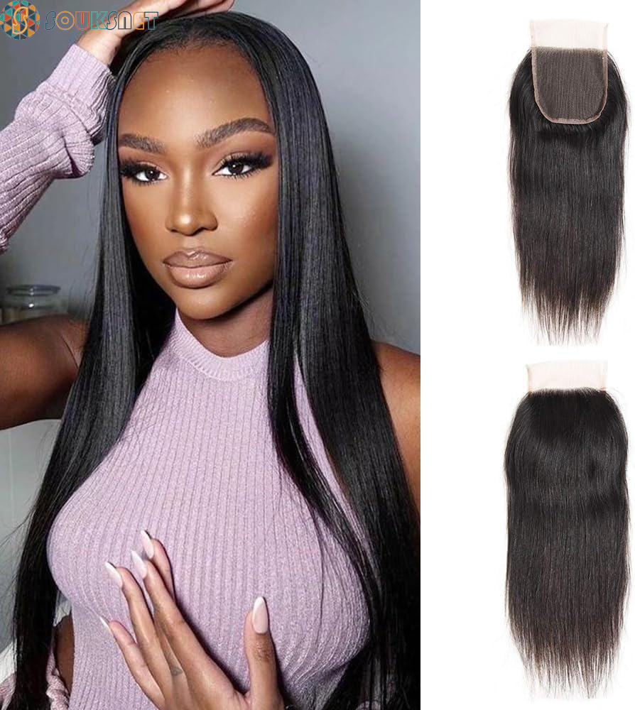 Bresilian Weaving in Lots Human Hair Virgin Closure Weaving Smooth Extensiones De Cabello Hair Extensions 100% Natural Human Hair Straight Hair Strands Natural Black (16 Inch/40 Cm, 4X4 Lace Closure)