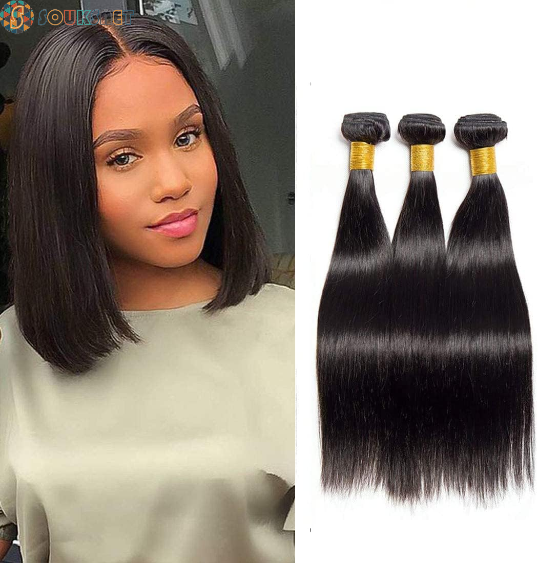 Bresilian Weaving in Lots Human Hair Virgin Closure Weaving Smooth Extensiones De Cabello Hair Extensions 100% Natural Human Hair Straight Hair Strands Natural Black (16 Inch/40 Cm, 4X4 Lace Closure)